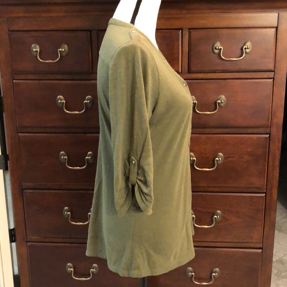 Cathy Sz sm olive green shirt with silver buttons  at neck and sleeves